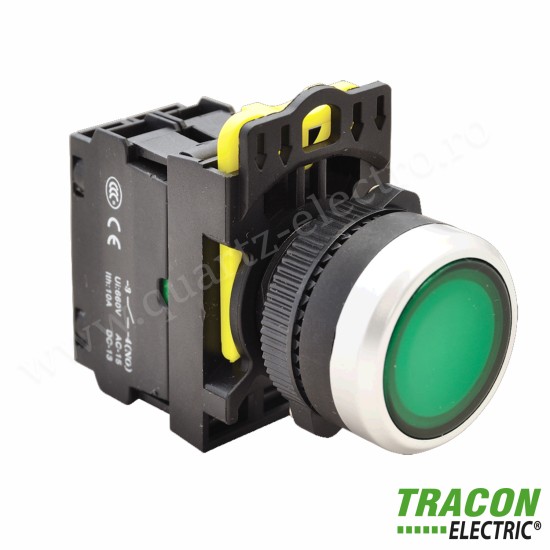 Buton cu semnalizare luminoasă verde 1×NO, 5A/230V AC-15, IP65, LED 230V AC/DC 