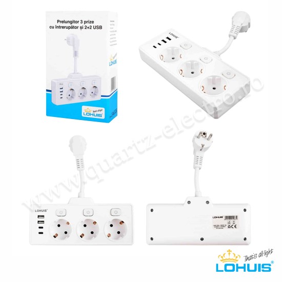 Prelungitor electric (5 cm) cu 3 prize, 3 întrerupătoare și 4 USB (2 USB-A+2 TIP-C) 230VCA 3680W 16A Lohuis Prelungitor electric (5 cm) cu 3 prize, 3 întrerupătoare și 4 USB (2 USB-A+2 TIP-C) 230VCA 3680W 16A Lohuis
