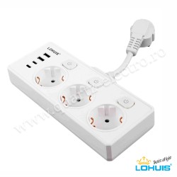 Prelungitor electric (5 cm) cu 3 prize, 3 întrerupătoare și 4 USB (2 USB-A+2 TIP-C) 230VCA 3680W 16A Lohuis