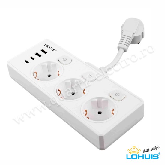 Prelungitor electric (5 cm) cu 3 prize, 3 întrerupătoare și 4 USB (2 USB-A+2 TIP-C) 230VCA 3680W 16A Lohuis Prelungitor electric (5 cm) cu 3 prize, 3 întrerupătoare și 4 USB (2 USB-A+2 TIP-C) 230VCA 3680W 16A Lohuis