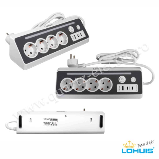 Prelungitor E28 cu 4 prize, lumină ambientală și 1xUSB-A și 2xUSB-C Lohuis Prelungitor E28 cu 4 prize, lumină ambientală și 1xUSB-A și 2xUSB-C Lohuis