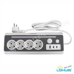 Prelungitor E28 cu 4 prize, lumină ambientală și 1xUSB-A și 2xUSB-C Lohuis