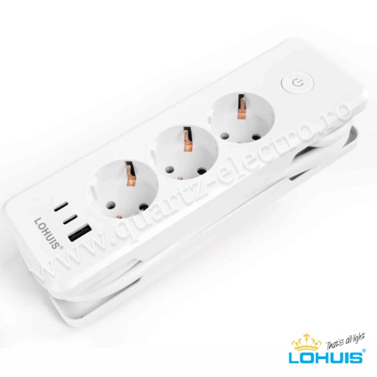 Prelungitor călătorie E30 cu 3 prize, întrerupător luminos, cu încărcare USB PD20W, 1xUSB-A și 2xUSBC Lohuis