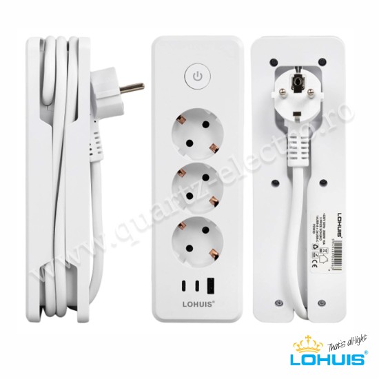 Prelungitor călătorie E30 cu 3 prize, întrerupător luminos, cu încărcare USB PD20W, 1xUSB-A și 2xUSBC Lohuis