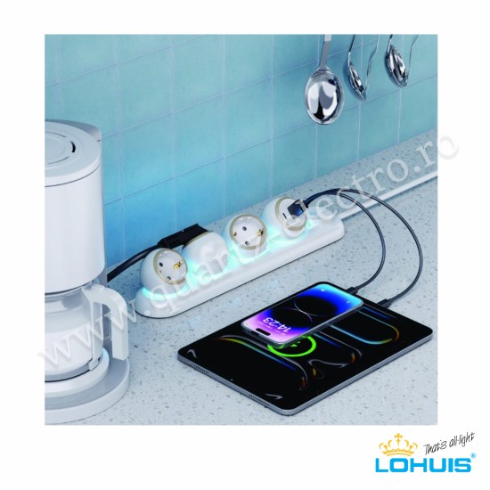 Prelungitor E48 cu prize rotative, lumină ambientală și 1xUSB-A și 2xUSB-C Lohuis Prelungitor E48 cu prize rotative, lumină ambientală și 1xUSB-A și 2xUSB-C Lohuis