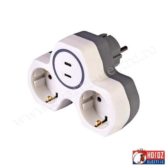 Triplu-stecher cu 2 prize schuko si 2 porturi port Type-C Horoz Triplu-stecher cu 2 prize schuko si 2 porturi port Type-C Horoz