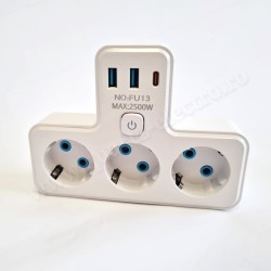 Triplu-stecher 1 intrare 3 ieșiri 2 porturi USB și 1 port Type-C