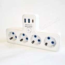 Triplu-stecher 1 intrare 4 ieșiri 2 porturi USB și 1 port Type-C