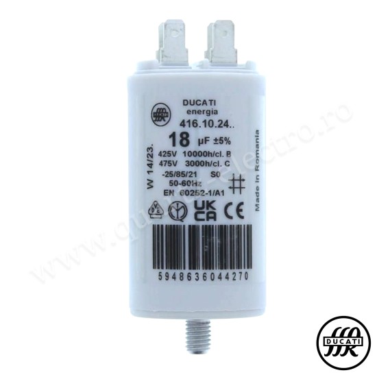 Condensator pornire motor 18uF 425V cu fisa plata pentru papuc Ducati Condensator pornire motor 18uF 425V cu fisa plata pentru papuc Ducati