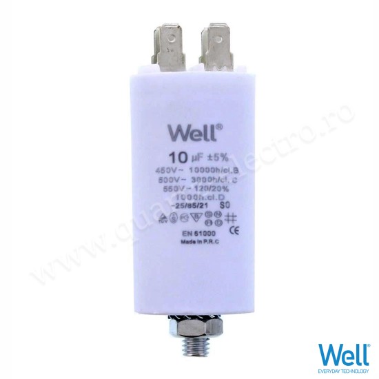 Condensator pornire motor 450V 10uF cu fisa plata pentru papuc Well Condensator pornire motor 450V 10uF cu fisa plata pentru papuc Well