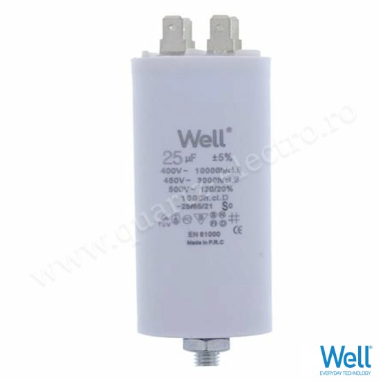 Condensator pornire motor 400V 25uF cu fisa plata pentru papuc Well Condensator pornire motor 400V 25uF cu fisa plata pentru papuc Well