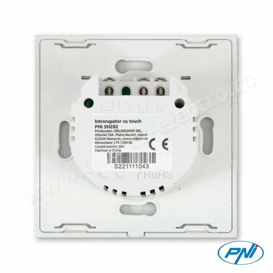 Intrerupator dublu cu touch SH202 din sticla, alb cu LED indicator 170-240V 200W 10A PNI Intrerupator dublu cu touch SH202 din sticla, alb cu LED indicator 170-240V 200W 10A PNI