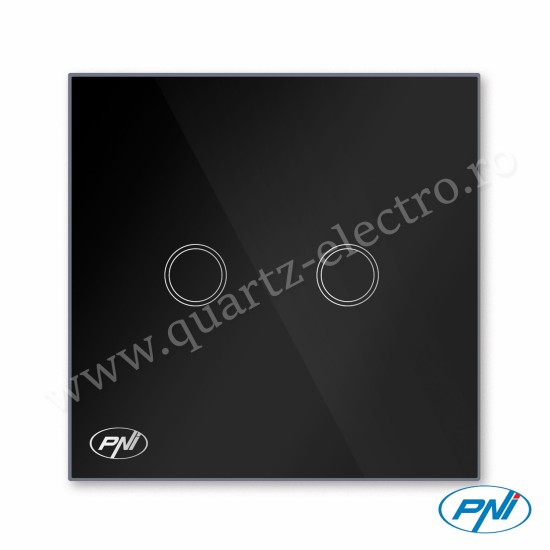 Intrerupator dublu cu touch SH222 din sticla negru cu LED indicator 10A, 2X200W PNI Intrerupator dublu cu touch SH222 din sticla negru cu LED indicator 10A, 2X200W PNI
