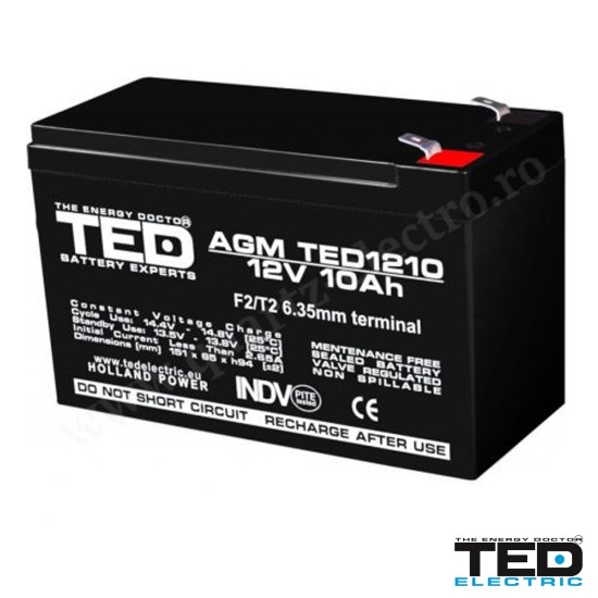 ACUMULATOR CU PLUMB 12V 10Ah F2, AGM VRLA, TED ACUMULATOR CU PLUMB 12V 10Ah F2, AGM VRLA, TED