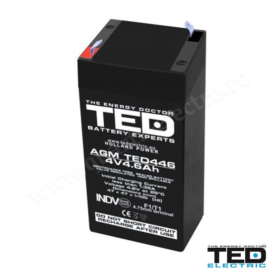 ACUMULATOR CU PLUMB 4V 4.6Ah F1, AGM VRLA, TED ACUMULATOR CU PLUMB 4V 4.6Ah F1, AGM VRLA, TED