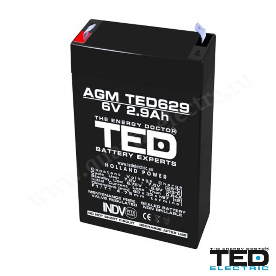 ACUMULATOR CU PLUMB 6V 2.9Ah F1, AGM VRLA, TED ACUMULATOR CU PLUMB 6V 2.9Ah F1, AGM VRLA, TED