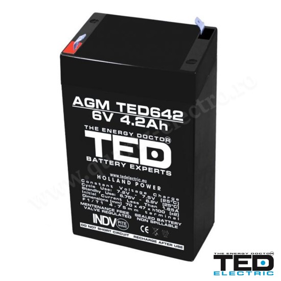 ACUMULATOR CU PLUMB 6V 4.2Ah F1, AGM VRLA, TED ACUMULATOR CU PLUMB 6V 4.2Ah F1, AGM VRLA, TED