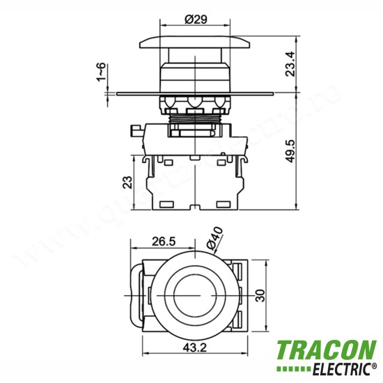 BUTON TIP CIUPERCA, ROSU 1×NC, 5A/230V AC-15, 40mm, IP65