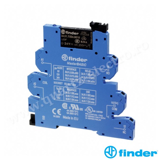 INTERFATA MODULARA CU RELEU ELECTROMECANIC, TIP MASTERBASIC, BORNE PUSH IN, ALIMENTARE230VC.A., 1C, 6A, AgNi 39.01.8.230.0060 FINDER