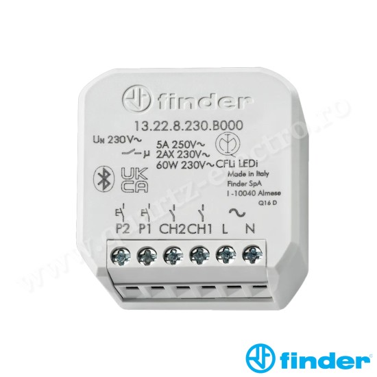 Releu multifuncțional 2 Canale - Yesly , 6A, Bluetooth BLE - montaj în doză 13.22.8.230.B000 Finder Releu multifuncțional 2 Canale - Yesly , 6A, Bluetooth BLE - montaj în doză 13.22.8.230.B000 Finder