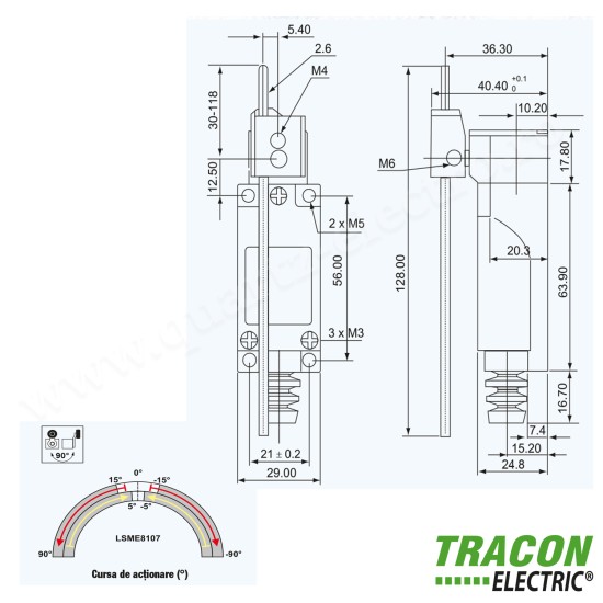 LIMITATOR DE CURSA BRAT- BALANSIER CU TIJA 1×NO+1×NC, 5A/250V AC, 0-100mm, IP65 TRACON