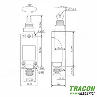 Limitator de cursă cu rolă 1xNO+1xNC 2A/230V AC-15 0,3A/250V DC-13, 90° IP65 TRACON